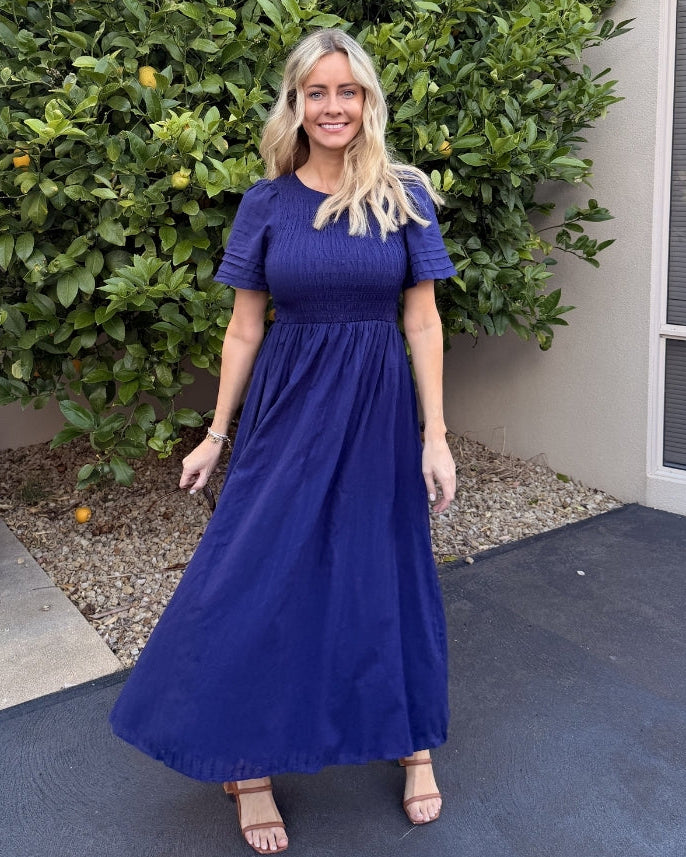 Iolana Dress Navy | Women's Shirred A-Line Midi Dress