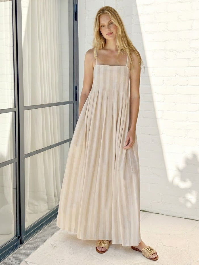 Rhiannon Dress Beige Stripe | Women's Striped Square Neck Maxi Dress