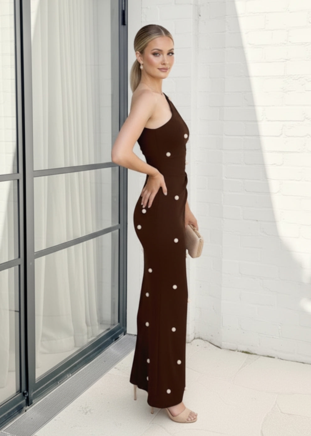 Velisse Dress Chocolate Spot | Women's Polka Dot One Shoulder Maxi Dress