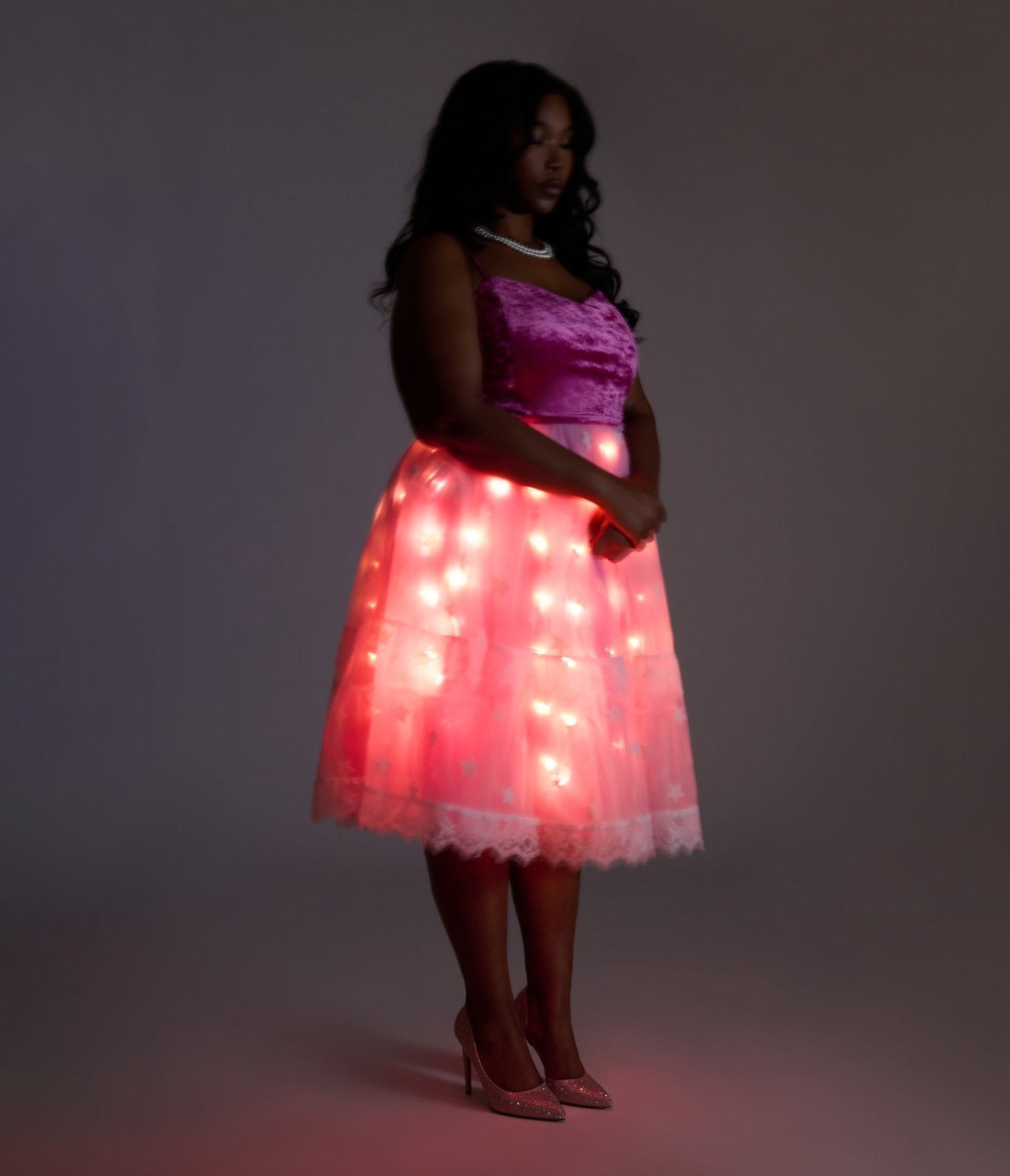 Barbie x Unique Vintage 1980s Pink Light Up Dream Glow Swing Dress
