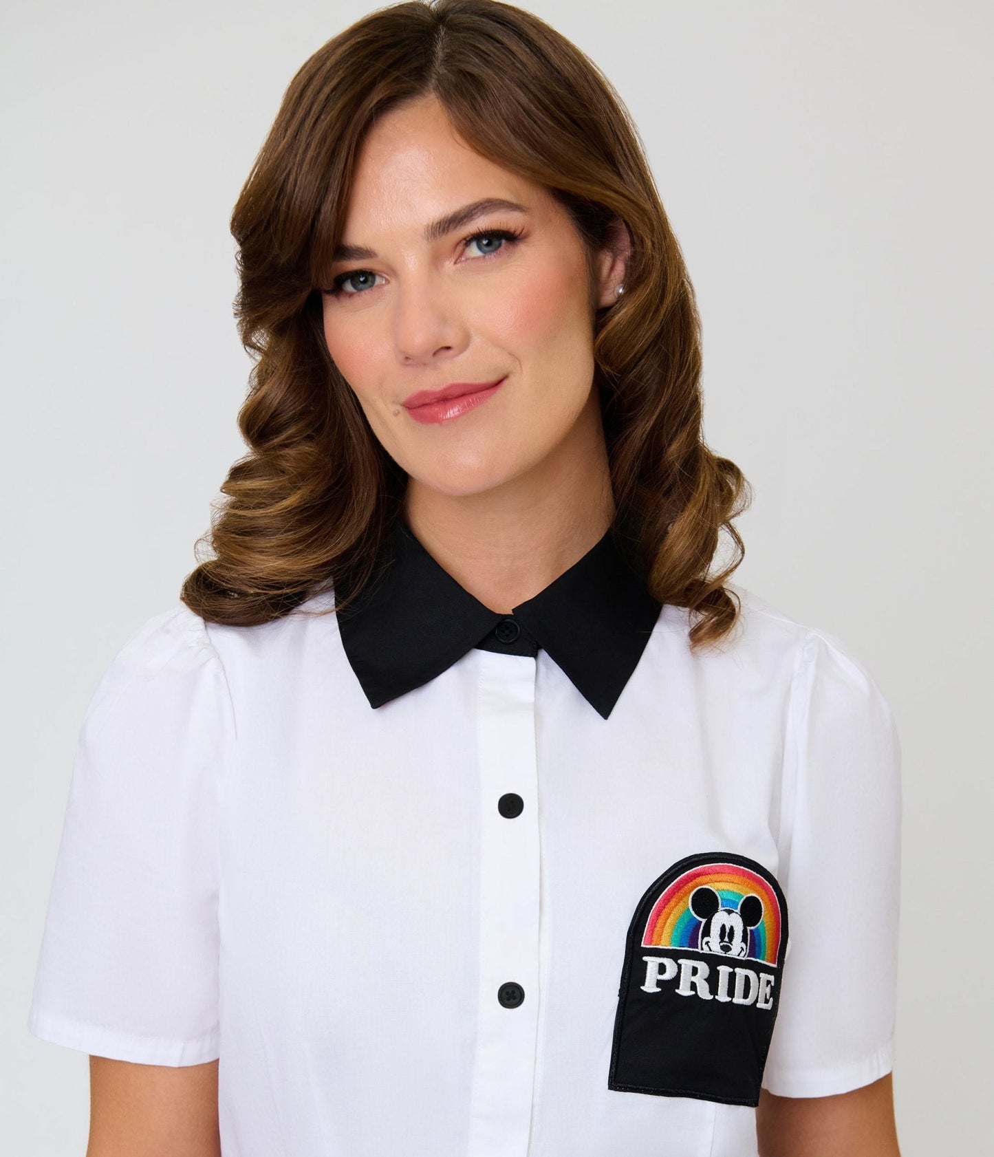 Disney Pride Collection by Unique Vintage White Mickey Rainbow Pocket Collared Blouse