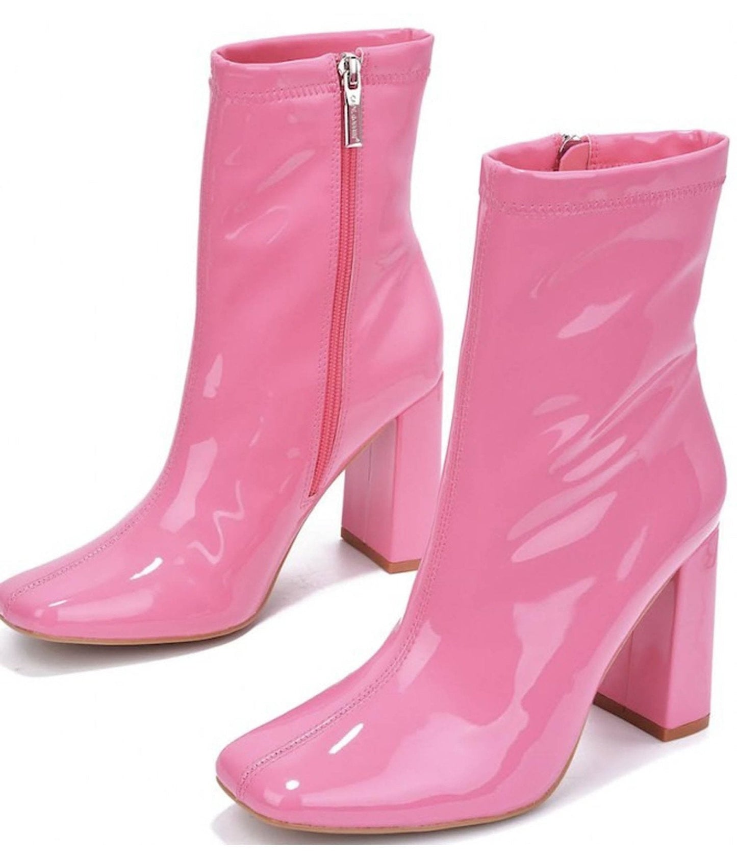 Pink Patent Leatherette Square Toe Belinda Booties