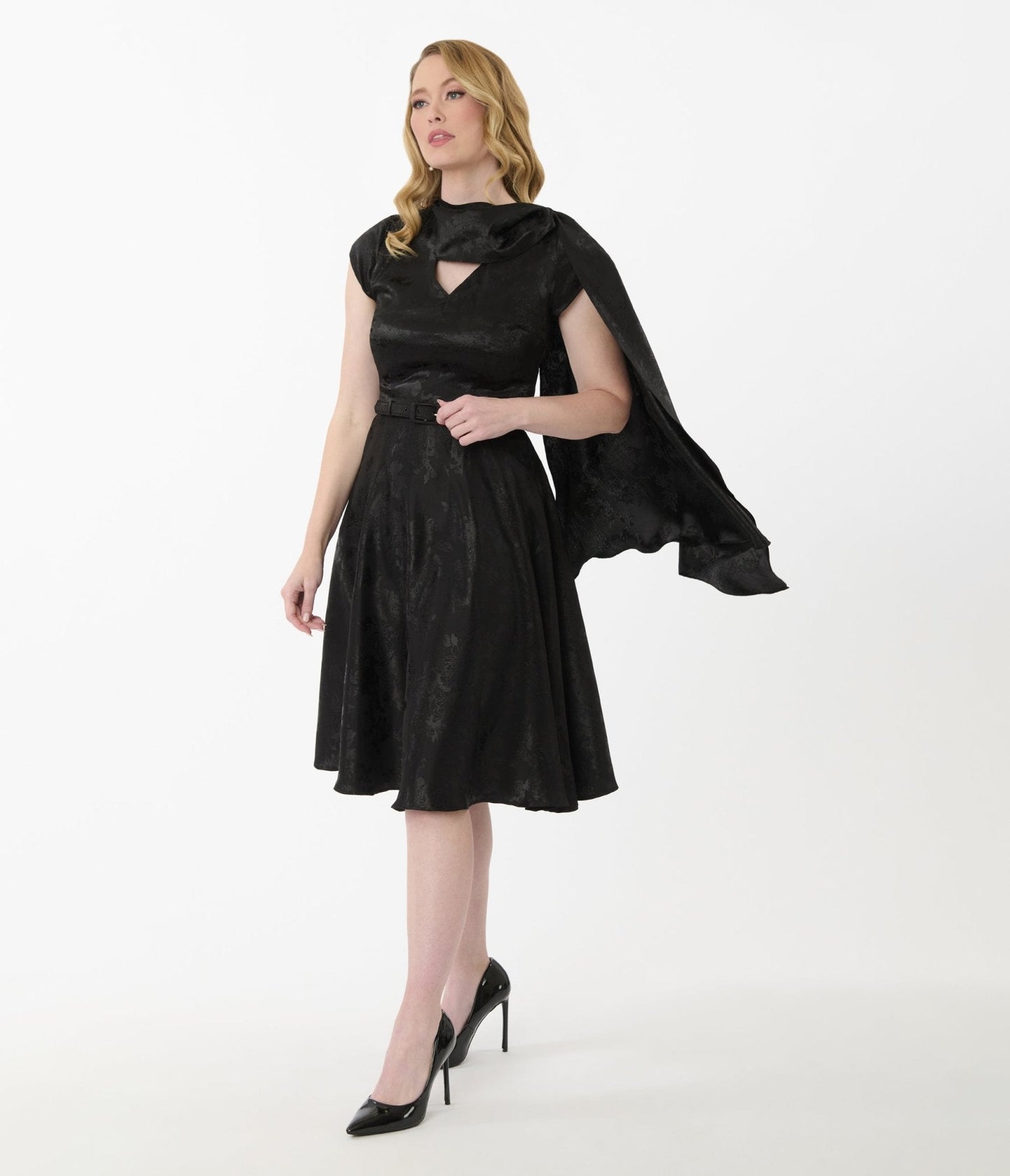 Unique Vintage Black Jacquard Sash Swing Dress