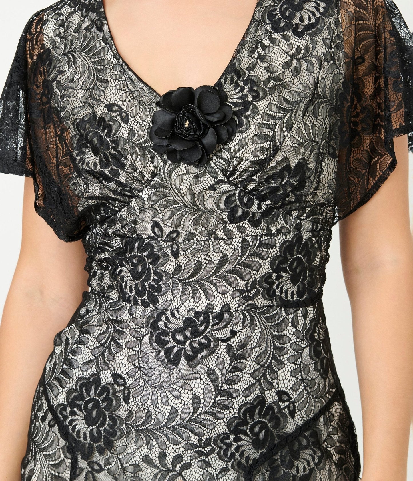 Unique Vintage Black Lace & Nude Lining Flutter Sleeve Gown
