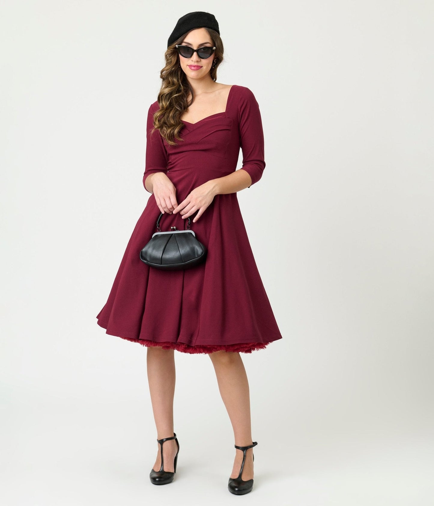 Unique Vintage Burgundy Pleated Bust Swing Dress