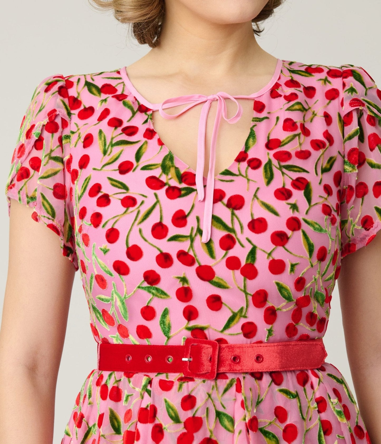 Unique Vintage Pink Velvet Cherries Dahlia Swing Dress