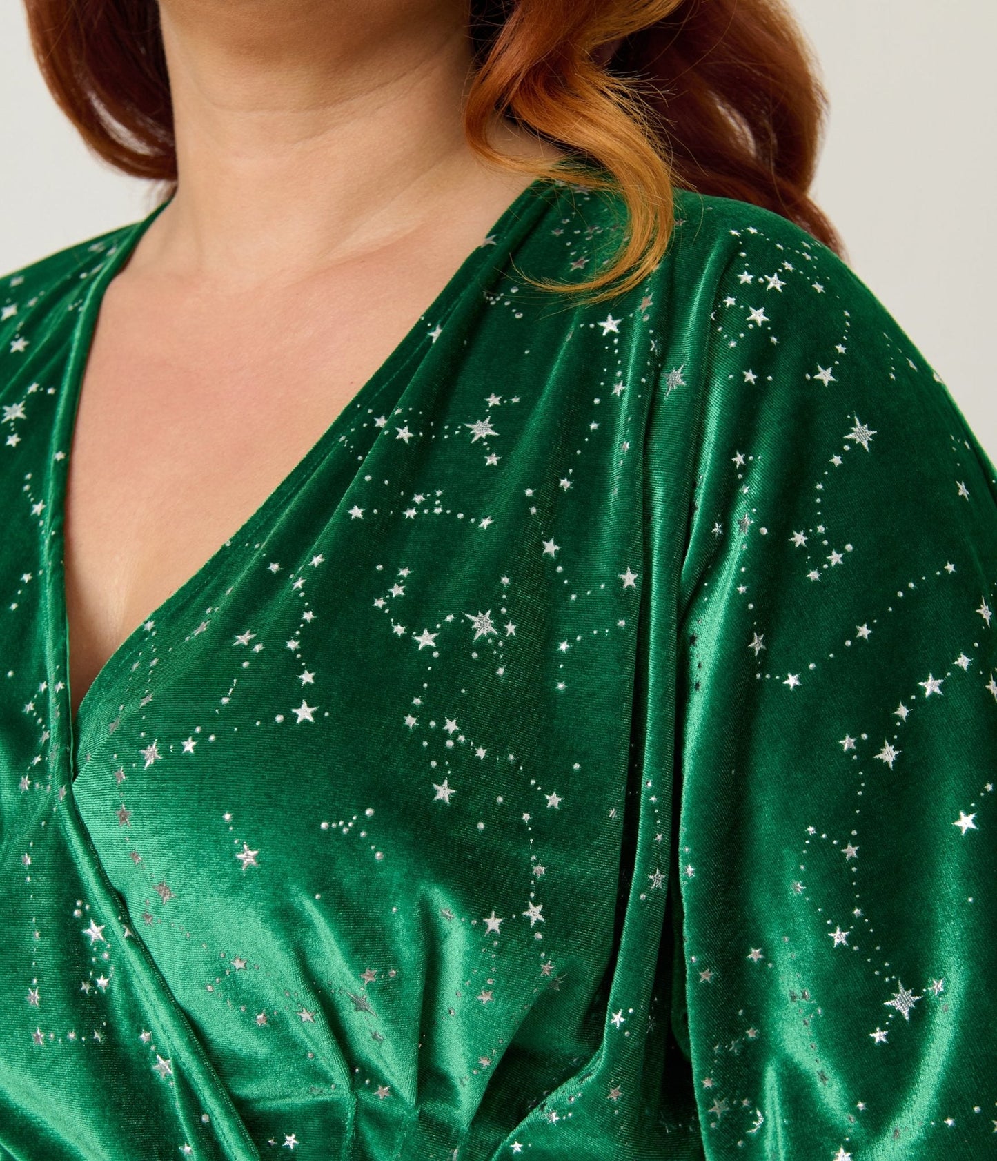 Unique Vintage Plus Size Green & Silver Stars Velvet Wrap Midi Dress