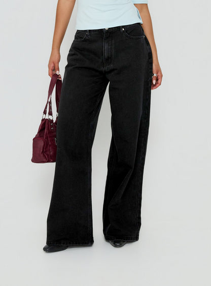 Naylor Mid Rise Wide Leg Jeans Washed Black Denim