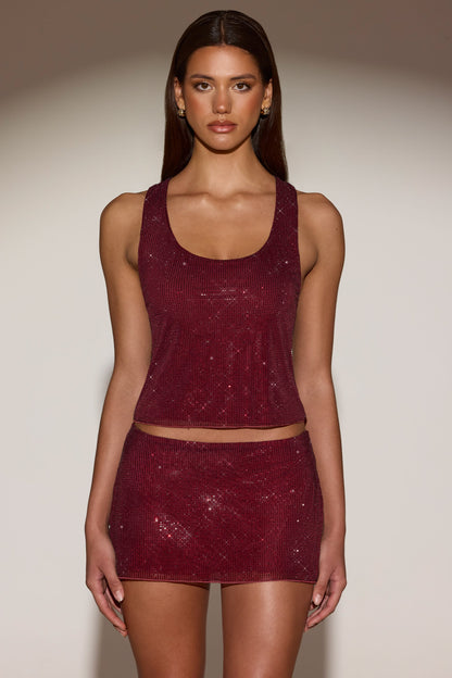 Embellished Mid-Rise A-Line Mini Skirt in Burgundy