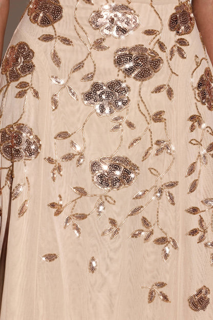 Embellished Soft-Scoop Asymmetric Midaxi Dress in Gold