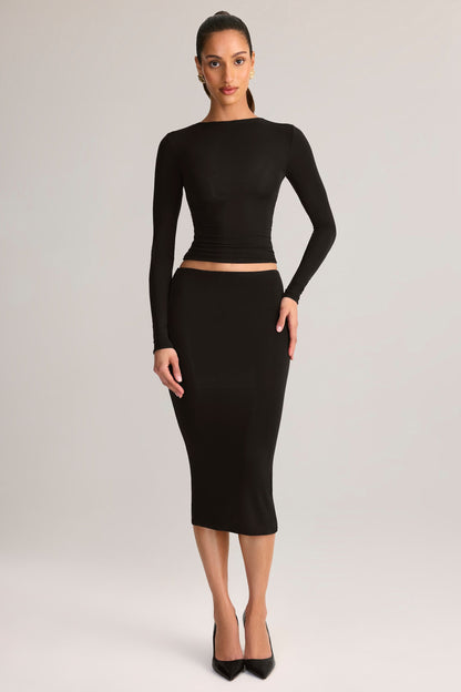 Modal Mid-Rise Pencil Midi Skirt in Black