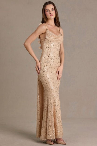 Embellished Open-Back Maxi Dress in Gold