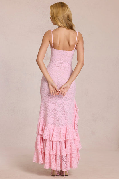 Lace Ruffle Maxi Dress in Blossom Pink