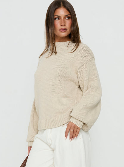 Harmony Balloon Sleeve Knit Sweater Beige