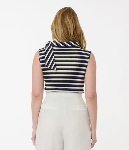 Smak Parlour Navy & Silver Stripe Cowl Neck Tie Blouse