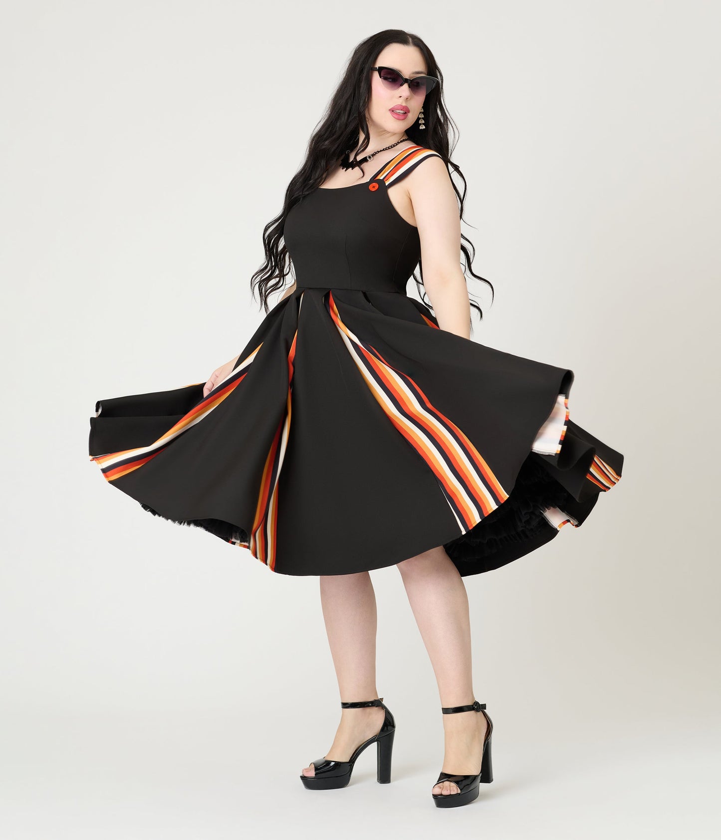 Unique Vintage Black Halloween Stripe Swing Dress