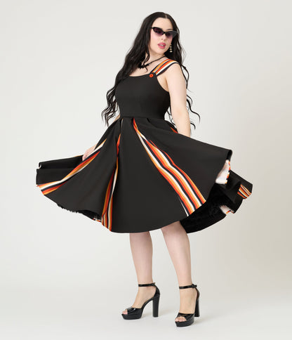 Unique Vintage Black Halloween Stripe Swing Dress