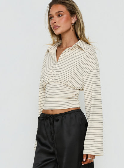 Raezer Cinched Polo Long Sleeve Top Cream Stripe