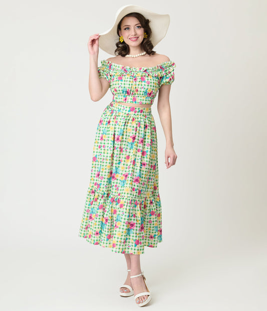 Disney Princess Collection by Unique Vintage Green Gingham Tiered Midi Skirt