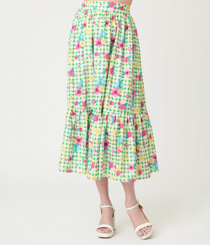 Disney Princess Collection by Unique Vintage Green Gingham Tiered Midi Skirt