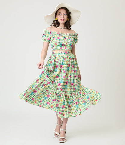 Disney Princess Collection by Unique Vintage Green Gingham Tiered Midi Skirt