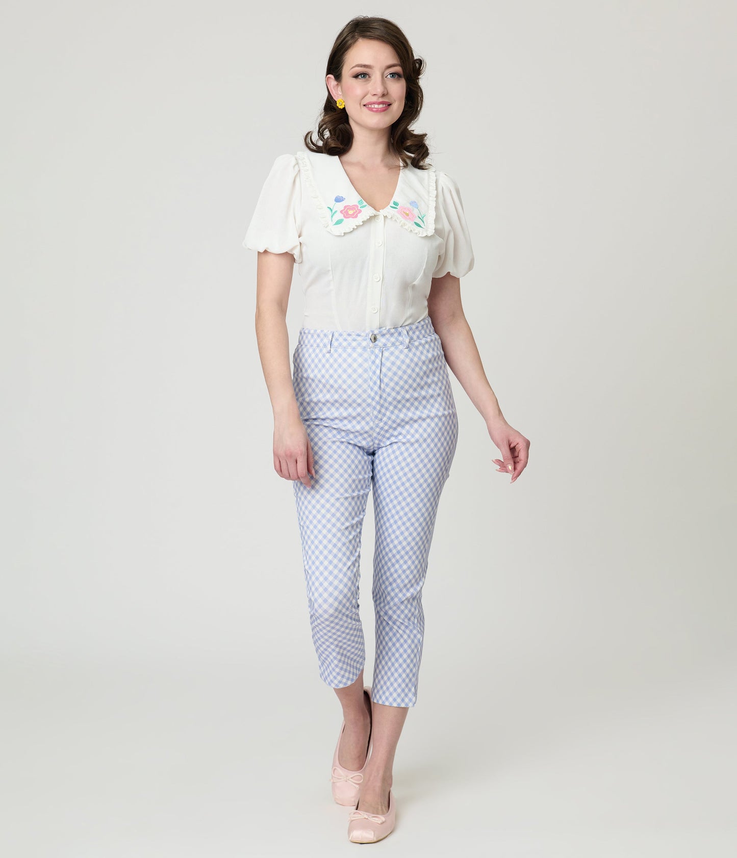 Disney Mickey & Friends Collection by Unique Vintage Blue Gingham Rachelle Capri Pants