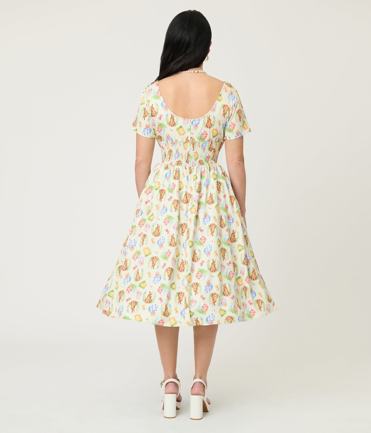 Unique Vintage Green Easter Bunny Print Swing Dress