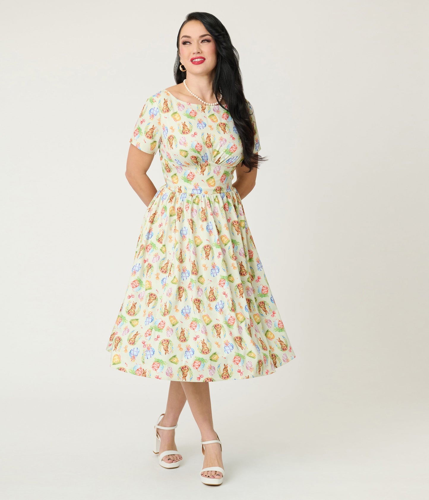 Unique Vintage Green Easter Bunny Print Swing Dress