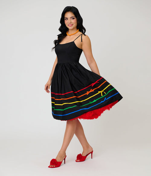Unique Vintage Black & Rainbow Ribbon Bobbie Swing Dress