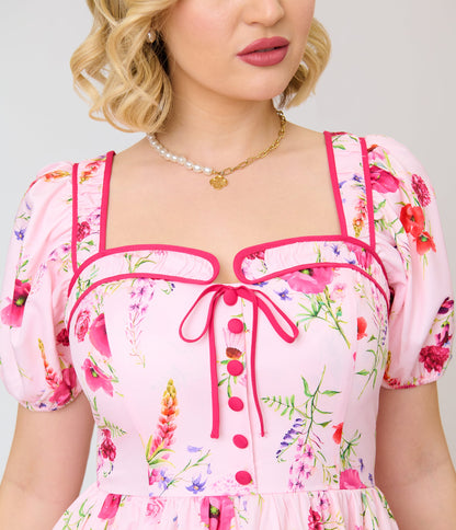 Unique Vintage Pink Floral Button Front Swing Dress