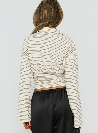 Raezer Cinched Polo Long Sleeve Top Cream Stripe