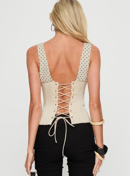 Briannah Contrast Corset Top Cream Polka Dot