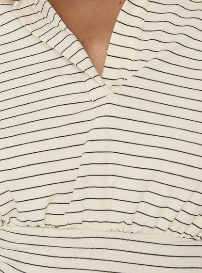 Raezer Cinched Polo Long Sleeve Top Cream Stripe