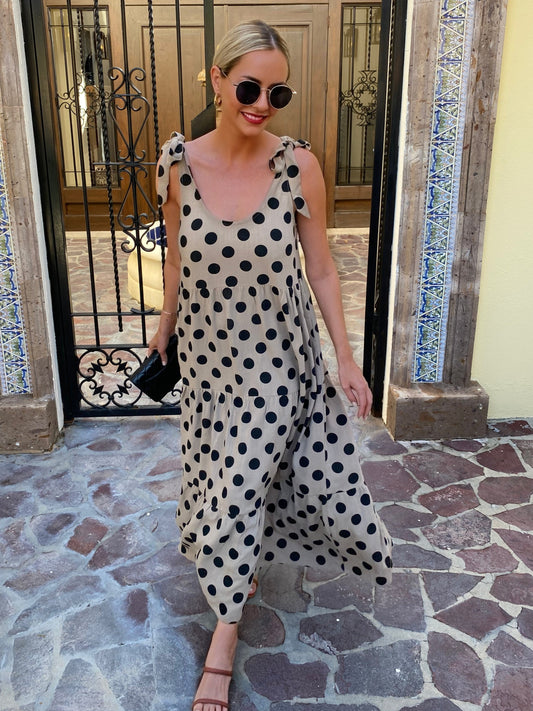 Lyda Khaki Spot Dress | Women's Linen Blend Midi Dress