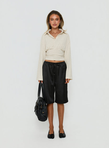 Raezer Cinched Polo Long Sleeve Top Cream Stripe