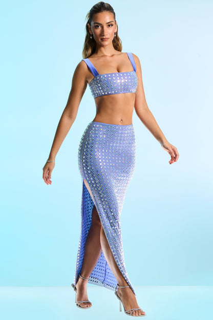Embellished Mid Rise Maxi Skirt in Blue