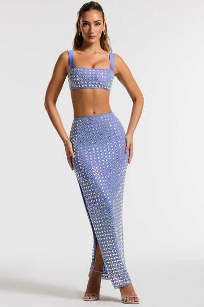 Embellished Mid Rise Maxi Skirt in Blue