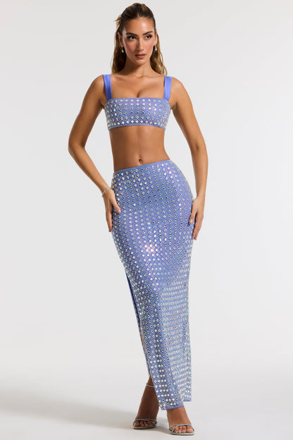Embellished Mid Rise Maxi Skirt in Blue