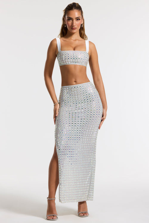 Embellished Mid Rise Maxi Skirt in Silver