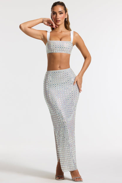 Embellished Mid Rise Maxi Skirt in Silver