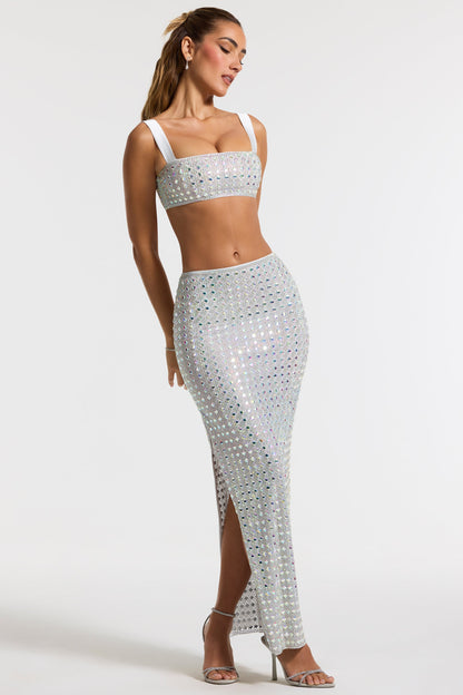 Embellished Mid Rise Maxi Skirt in Silver