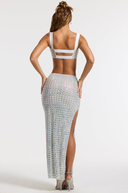 Embellished Mid Rise Maxi Skirt in Silver
