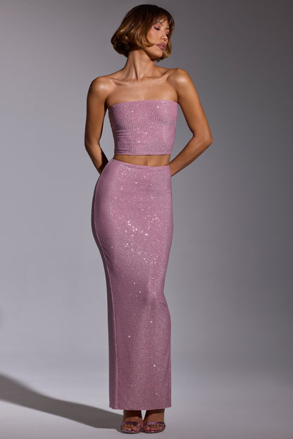 Embellished Mid Rise Maxi Skirt in Light Pink