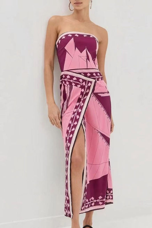 Ceriane Pink Print Dress | Women's Strapless Maxi Dress