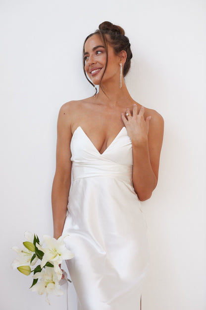 Giavanna White Dress | Women's Strapless Satin Midi Dress