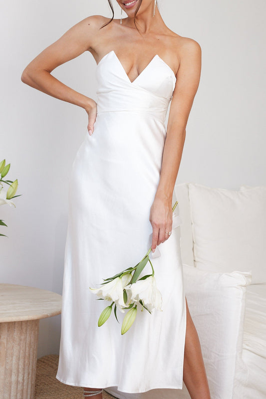 Giavanna White Dress | Women's Strapless Satin Midi Dress