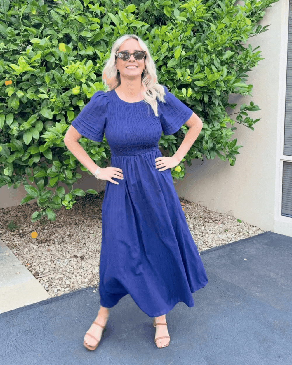 Iolana Dress Navy | Women's Shirred A-Line Midi Dress