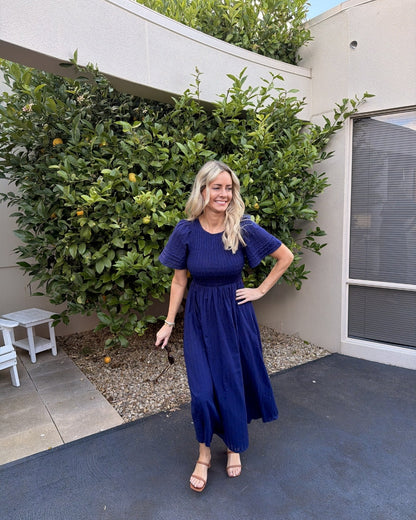 Iolana Dress Navy | Women's Shirred A-Line Midi Dress
