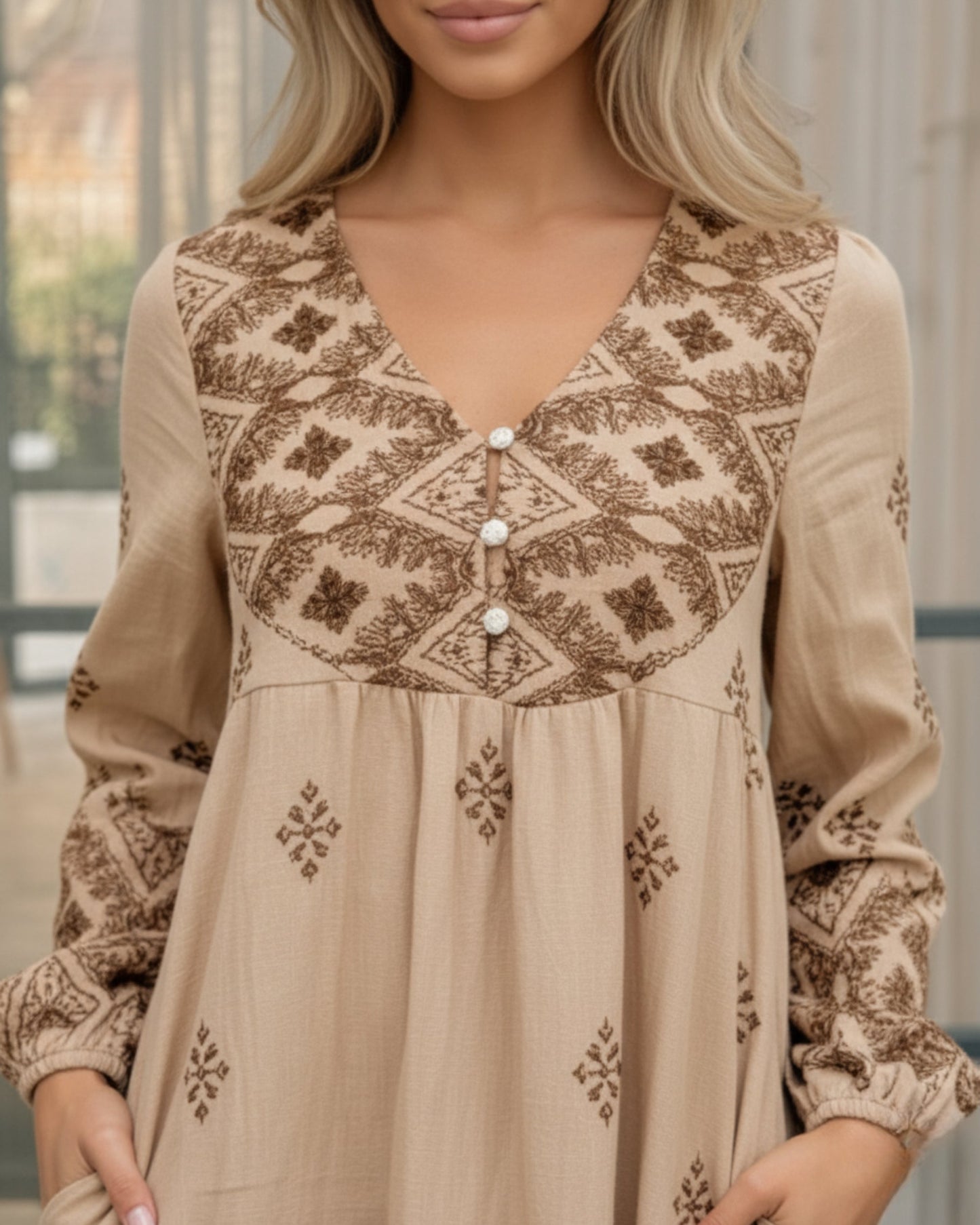 Jenayah Tan Print Dress | Women's Printed Midi Dress