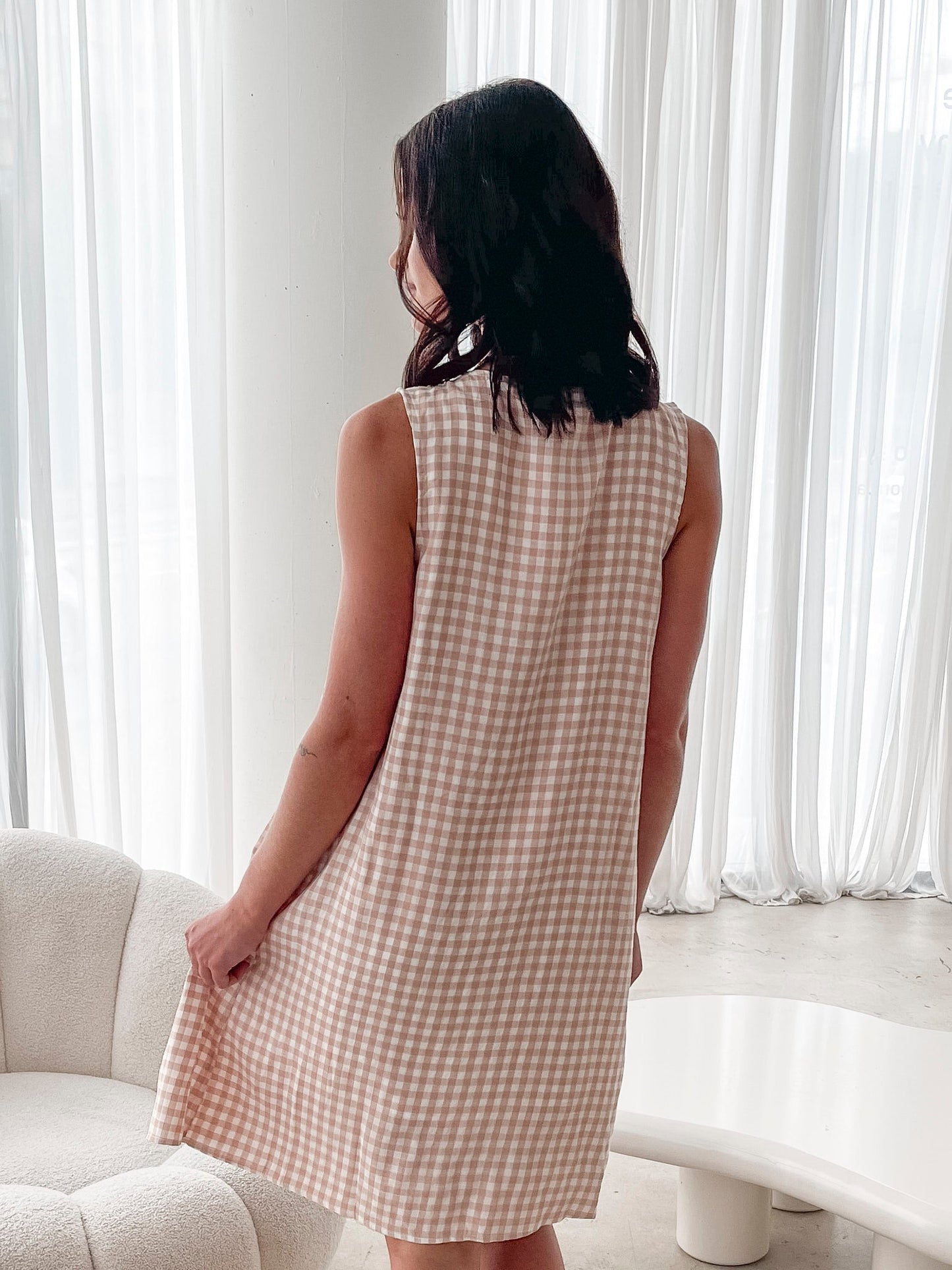 Kearah Beige Gingham Dress | Women's Gingham Midi Dress
